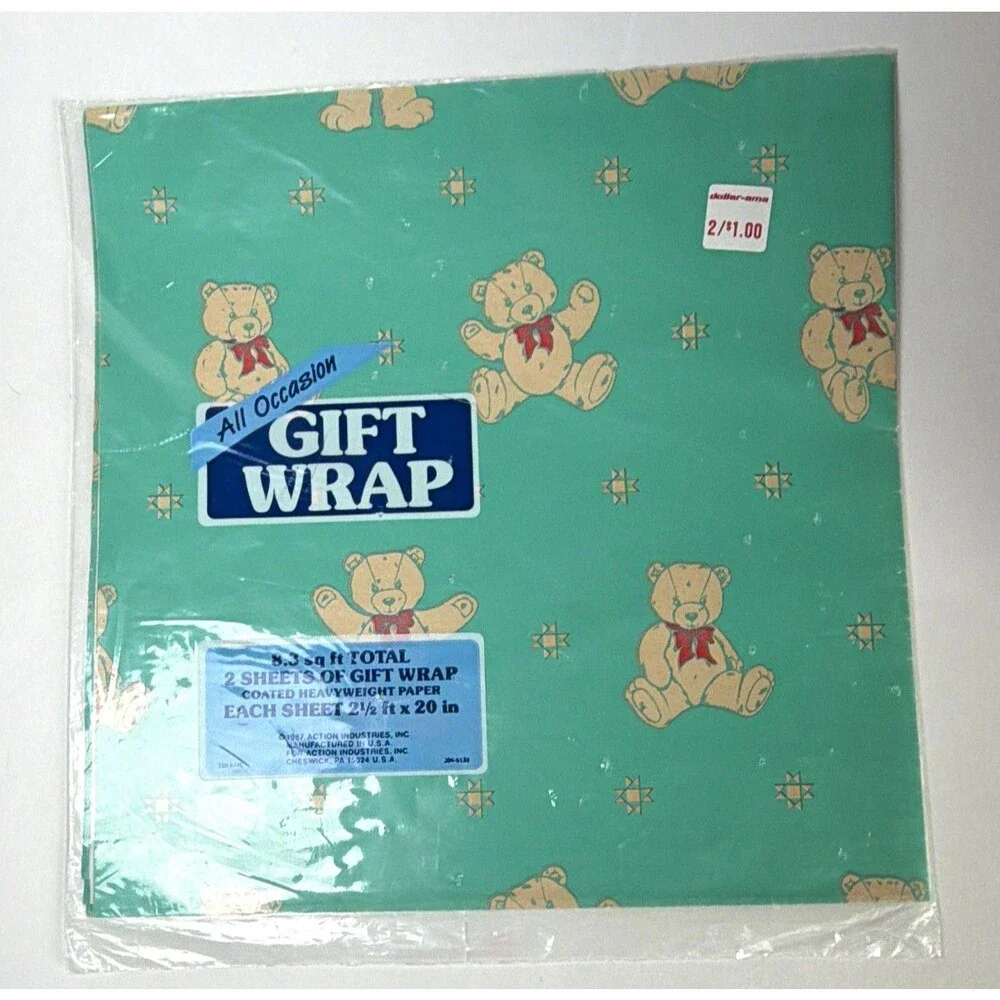 Vintage 1987 All Occasions Teddy Bear Green Wrap 2pk 2.5ft x 20in